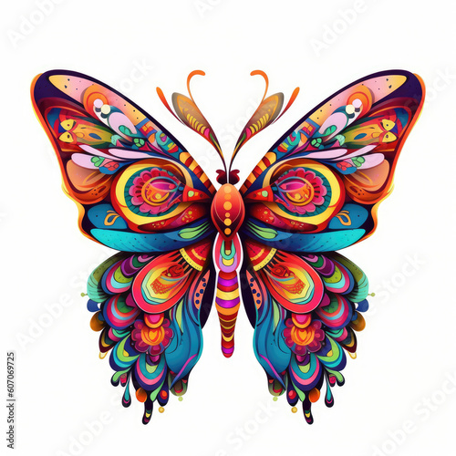 A charming butterfly with vibrant colors and delicate patterns on its wings on a white background. Generative AI © doomu