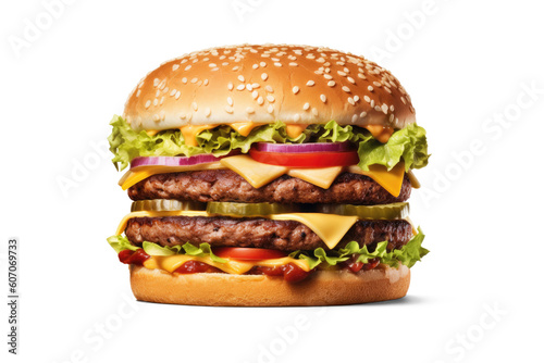 Hamburger or Burger with Cheese and Vegetables on a white background. Generative AI