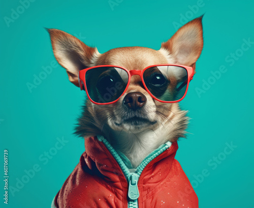 Cute Chihuahua Dog Wearing Glasses While Wearing a Red Jacket extreme closeup. Generative AI © doomu