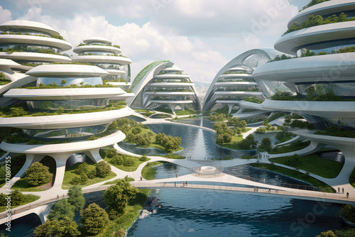 Terraced Urban Futuristic Style Architecture City Landscape extreme closeup. Generative AI