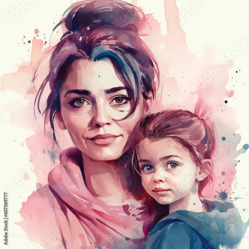 Mother and Daughter in Pink Bloom Watercolor Painting extreme closeup. Generative AI © doomu