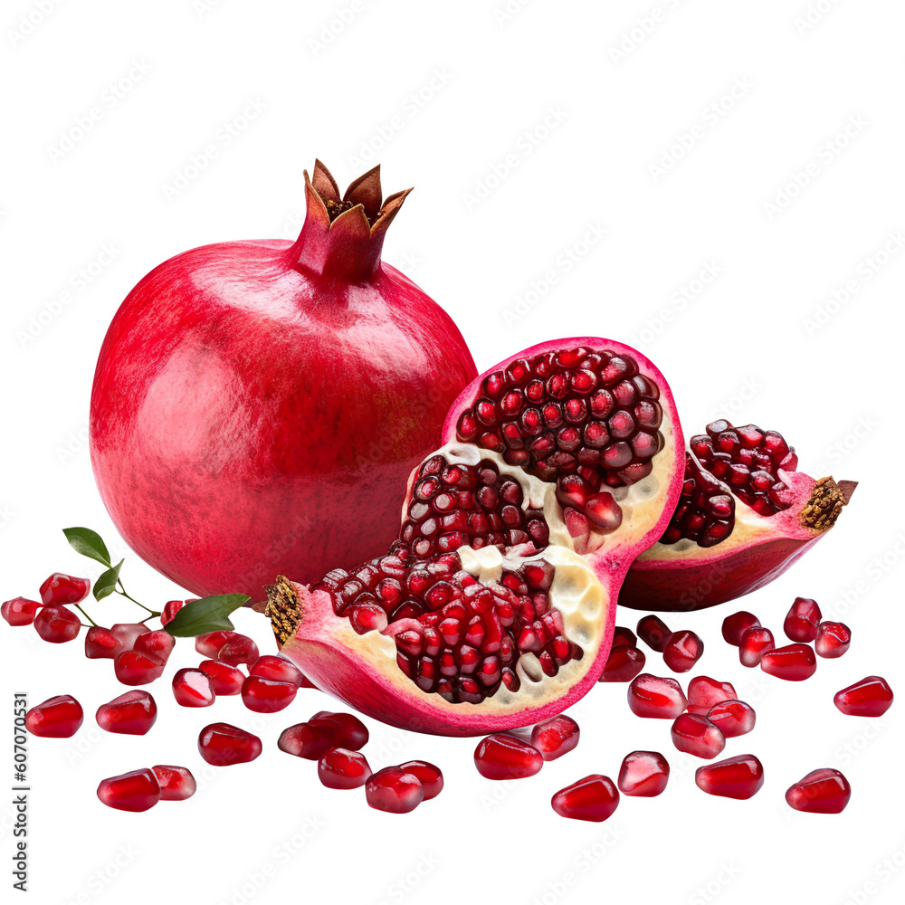 one whole and part of a Juicy pomegranate fruit with pomegranate seeds and leaves isolated on white background, clipping path and generative ai, png file one whole and part of a Juicy pomegranate fruit with pomegranate seeds and leaves isolated on white background, clipping path and generative ai, png file
