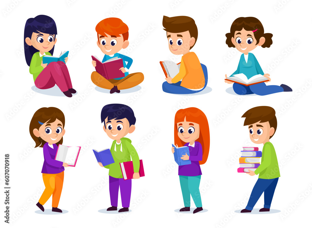 Set of cute children holding books and reading isolated on white background. Happy little boy and girl characters studying at home. School kids love to read and learn. Cartoon vector illustration