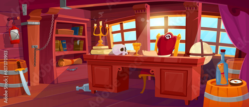 Pirate captain's cabin interior. Inside of an old wooden ship. Game background with a desk, chair, rum barrel, treasure map, skull, bottle and light from a window. Cartoon vector illustration. © Microstocker.Pro