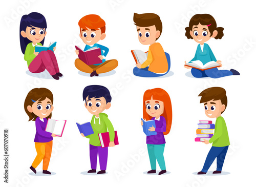 Set of cute children holding books and reading isolated on white background. Happy little boy and girl characters studying at home. School kids love to read and learn. Cartoon vector illustration