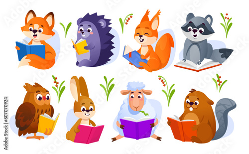 Set of cute animals holding books and reading isolated on white background. Icon collection of a fox, hedgehog, squirrel, owl, rabbit, sheep and beaver that love to read. Cartoon vector illustration