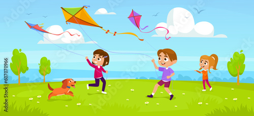 Cute little kids and a dog playing with kites in a park. Children holding kite strings in their hands, running and flying them in the sky. Summer outdoor activities. Cartoon vector illustration
