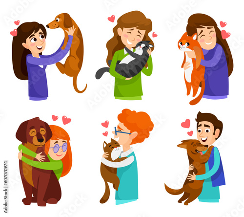 Man and woman holding and hugging their pets, dogs and cats, isolated on white background. Set of cute icons of happy people adopting animals from an animal shelter. Cartoon vector illustration