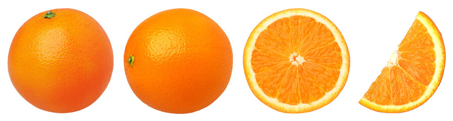 Orange fruit half and slices isolated, Orange fruit macro studio photo, transparent png, collection, PNG format, cut out