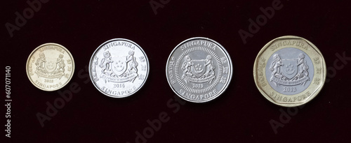  Close-up view of  Singapore currency coins                           