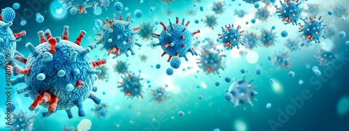  virus under a microscope, danger of disease, epidemic, banner with copy space, made with Generative AI
