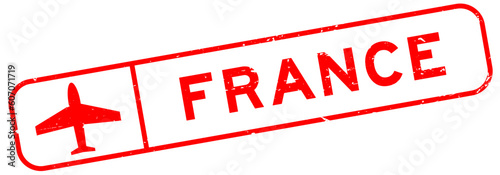 Grunge red france word with plane icon square rubber seal stamp on white background
