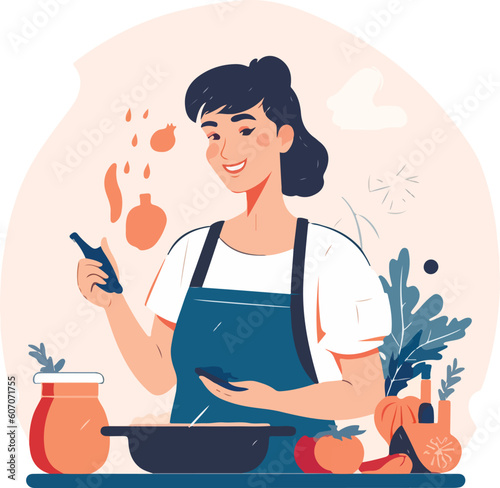 Young woman cooking in the kitchen. Healthy food. Healthy Lifestyle. Cooking at home. vector illustrations