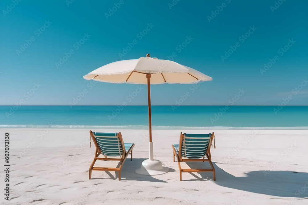 Chairs on the sandy beach near the sea. Summer holiday and vacation concept for tourism. Tropical Holiday background. Generative Ai