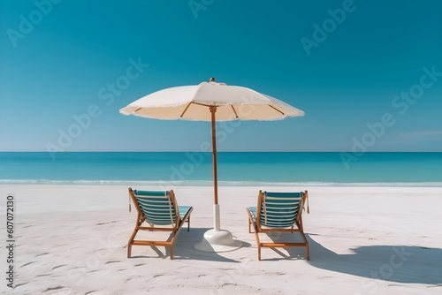 Chairs on the sandy beach near the sea. Summer holiday and vacation concept for tourism. Tropical Holiday background. Generative Ai