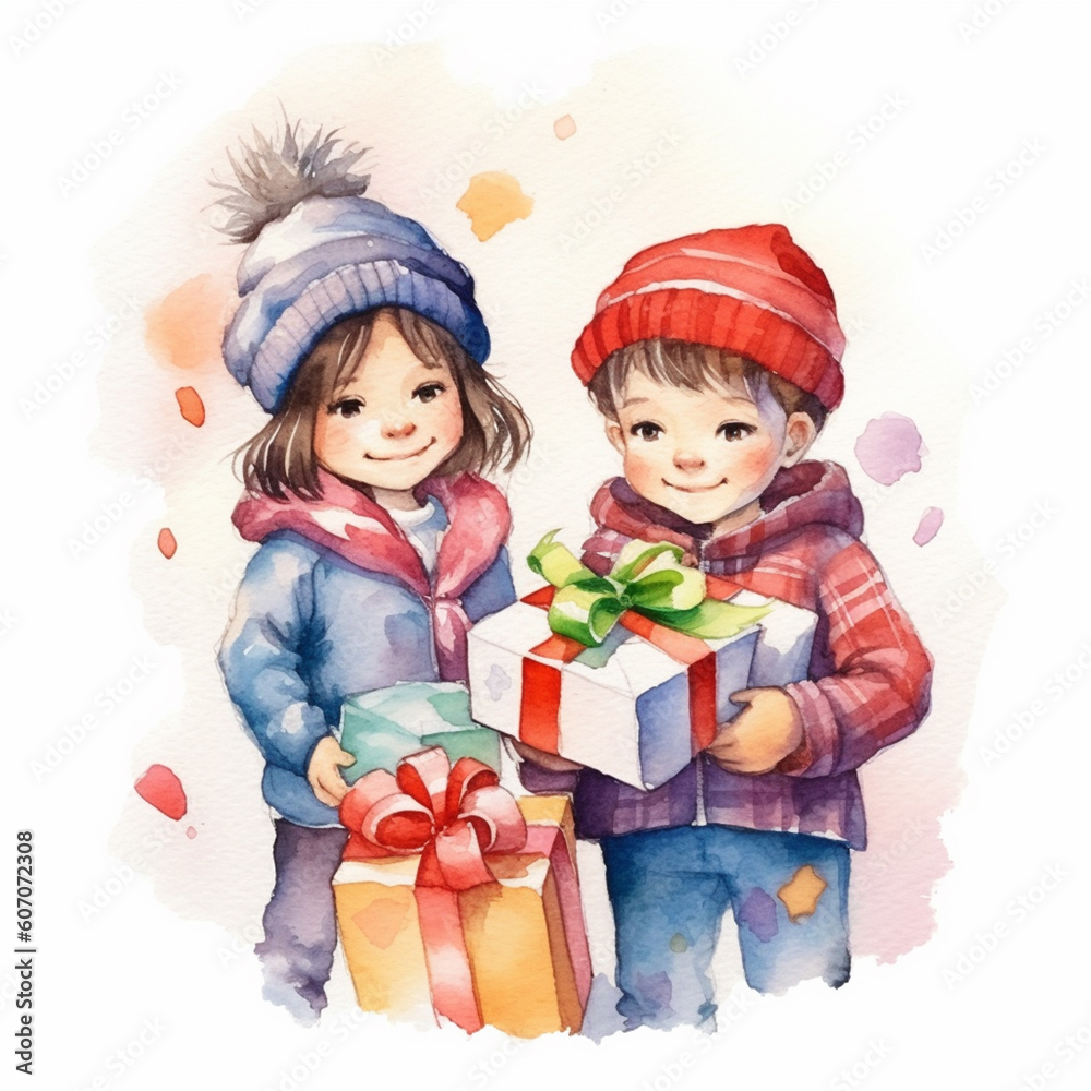 Watercolor illustration holiday new year christmas birthday cheerful happy kids with gifts smiles joy Watercolor illustration holiday new year christmas birthday cheerful happy kids with gifts smiles joy
