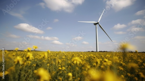Wind turbine in a yellow flower field, Alternative energy. Generative AI © Natee Meepian