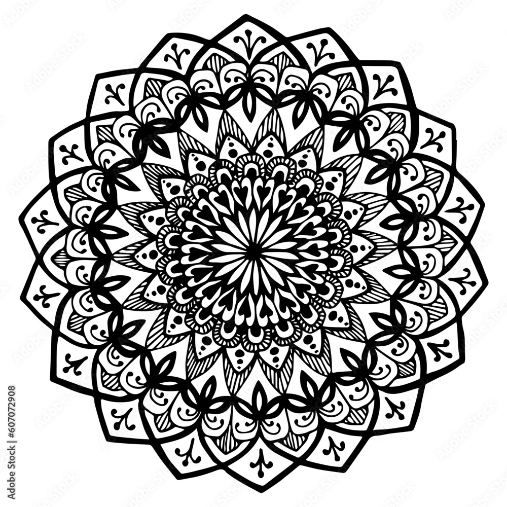Hand drawn mandala pattern with heart and flower shaped elements. Black lines on white background. Coloring page for mindfulness meditation and positive attitude.