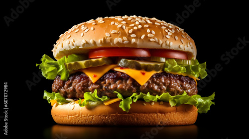 hamburger on black background Generative AI.