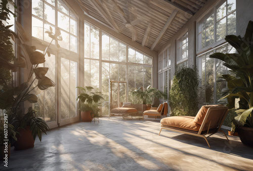 a living area in a tropical house with furniture indoors  in the style of detailed botanic studies  sunrays shine upon it  generative AI