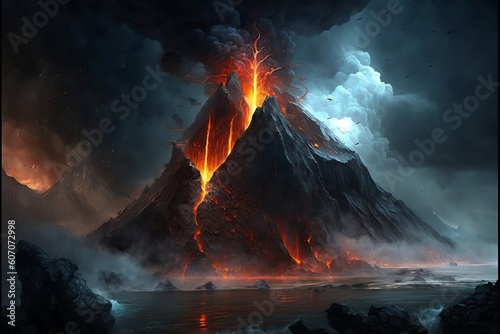 View of an erupting volcano at night. 