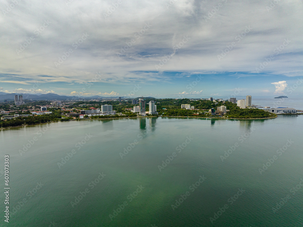 View of the city of Kota Kinabalu from the sea. Borneo, Sabah, Malaysia.