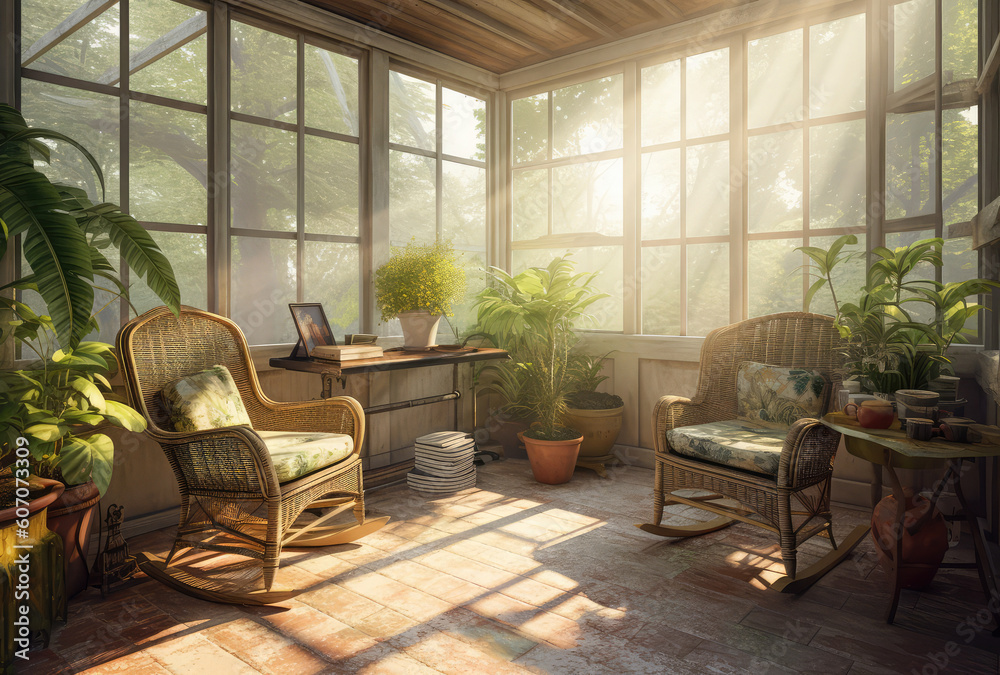 a living area in a tropical house with furniture indoors, in the style of detailed botanic studies, sunrays shine upon it, generative AI