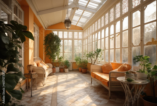 a living area in a tropical house with furniture indoors, in the style of detailed botanic studies, sunrays shine upon it, generative AI © Kien