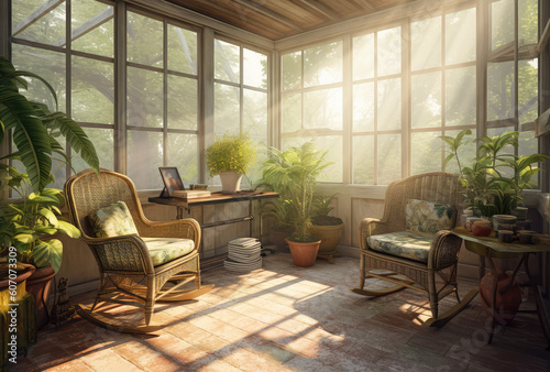 a living area in a tropical house with furniture indoors, in the style of detailed botanic studies, sunrays shine upon it, generative AI