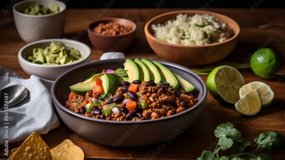 Chili con carne served in bowl Generative AI