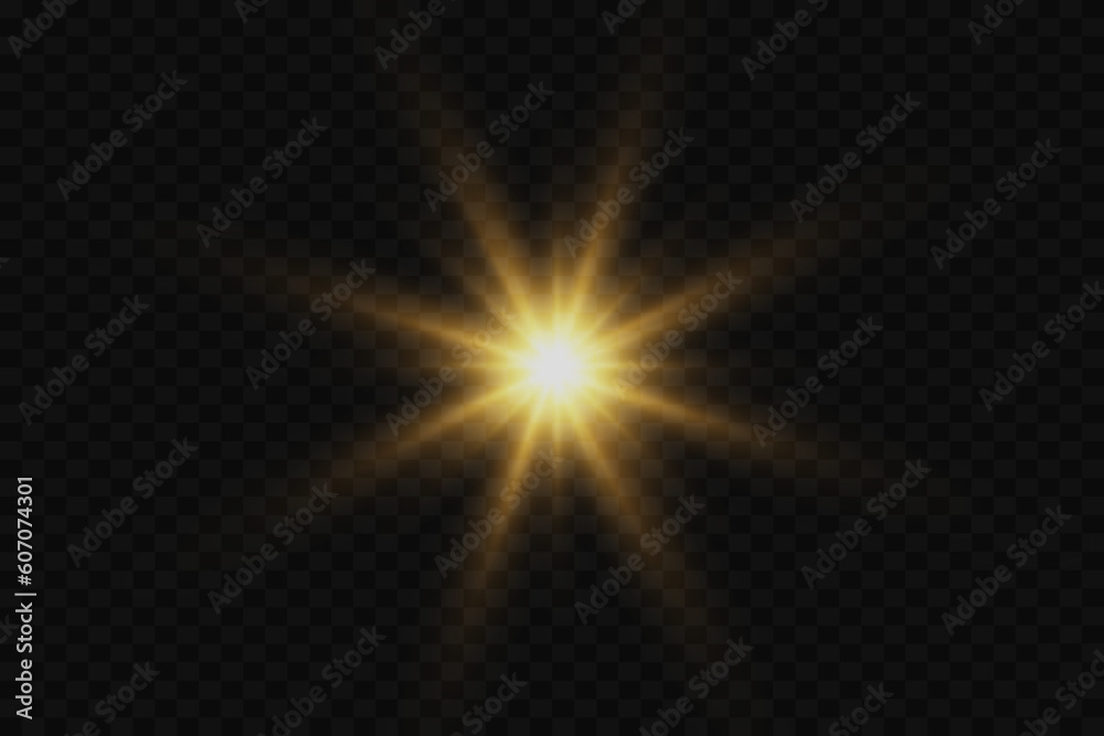 Yellow glowing light explodes on a transparent background. Sparkling magical dust particles. Bright Star. Transparent shining sun, bright flash.	