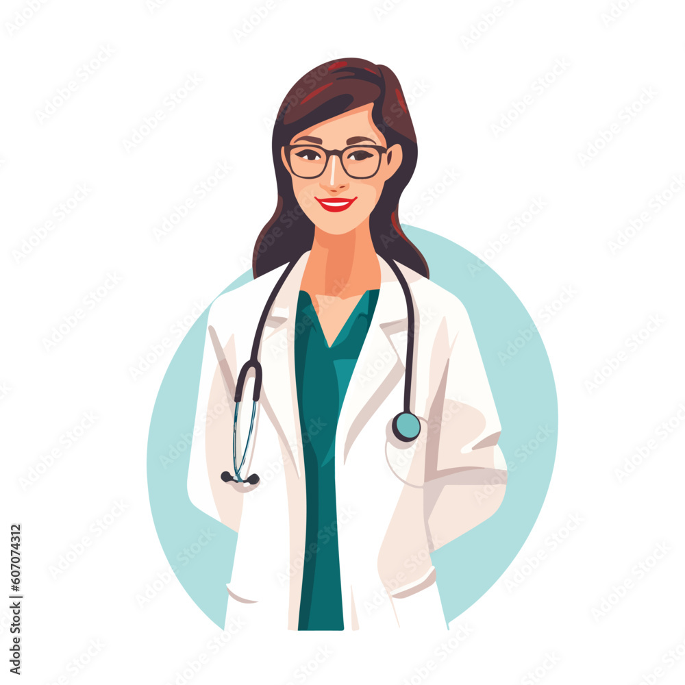 Medicine concept with young woman doctor in thin line style. Consultation and diagnosis. Vector illustration.