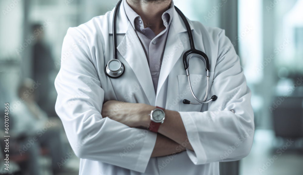 Doctor Man With Stethoscope In Hospital. Generative AI Doctor Man With Stethoscope In Hospital. Generative AI