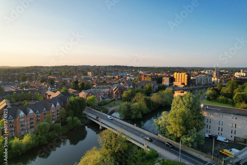 Beautiful Aerial Footage of Central Bedford City of England Great Britain of UK. The Downtown's Footage Was Captured with Drone's Camera from Medium Altitude from River Great Ouse on 28-May-2023. photo