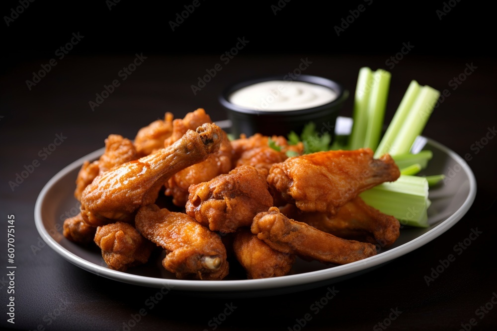 Chicken wings served with sauce on a ceramic plate. (Generative AI) Chicken wings served with sauce on a ceramic plate. (Generative AI)