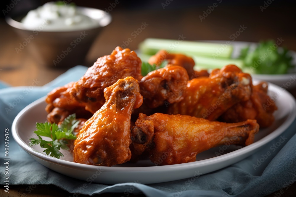A platter of mouth-watering buffalo wings. (Generative AI) A platter of mouth-watering buffalo wings. (Generative AI)
