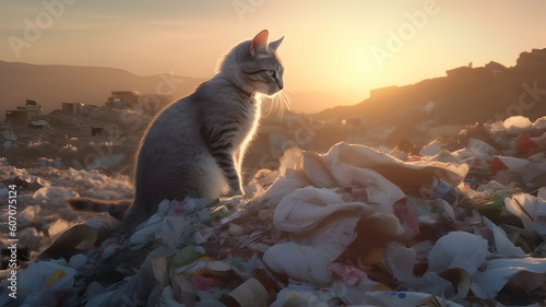 mountain of trash and cat at the top with raising sun4