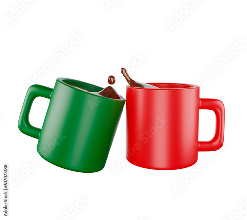 3D ceramic cup with coffee or hot chocolate splash green and red coffee mugs Hot drink, 3D illustration isolated from background - clipping path