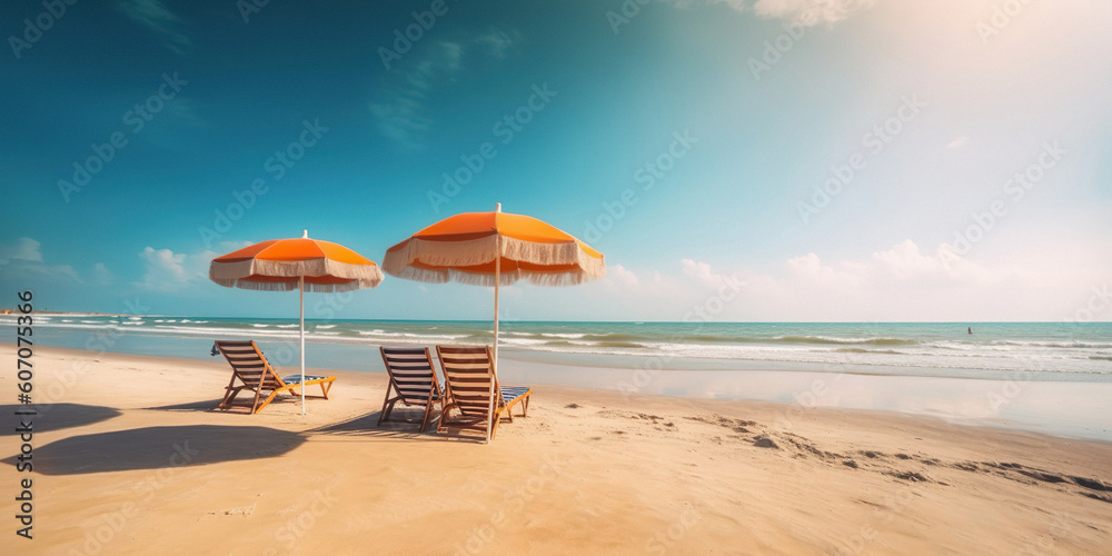 Beautiful beach banner. White sand, chairs and umbrella travel tourism wide panorama background concept. Amazing beach landscape. generative ai