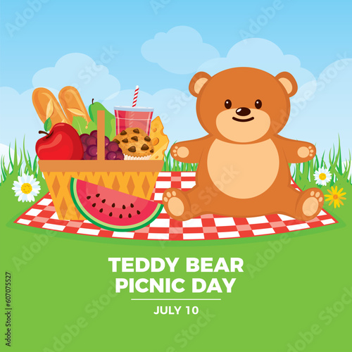 Teddy Bear Picnic Day vector illustration. Cute teddy bear sitting on a blanket with a picnic basket vector. Sweet teddy bear in summer landscape drawing. July 10 every year. Important day