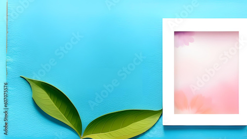 Mockup of blank photo frame with green plant on blue background, simple and minimal style