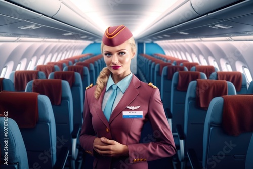 Female flight attendant on empty economic class passenger seats. Picturesque generative AI photo