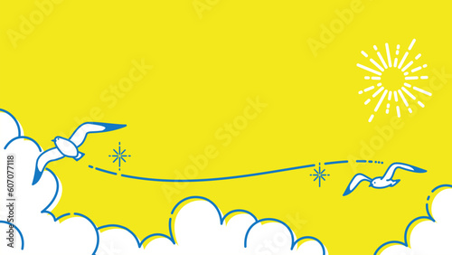 カモメの飛ぶ夏空のイラスト、夏のイメージの背景素材