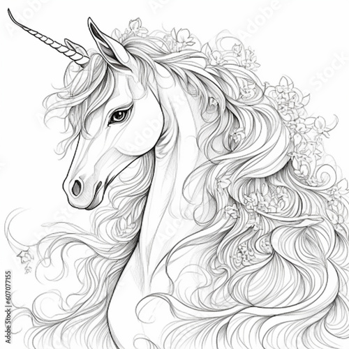 drawing of a children s coloring book of a unicorn  hyper detailed illustrations  high detail  black and white color  generative ai 