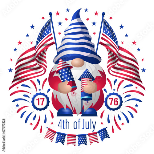 Cute gnomes girl holding fireworks, american flag, Celebrating of 4th of July vector clipart