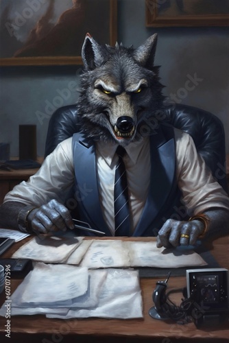 Boardroom beast, a wolf in business attire deep in thought