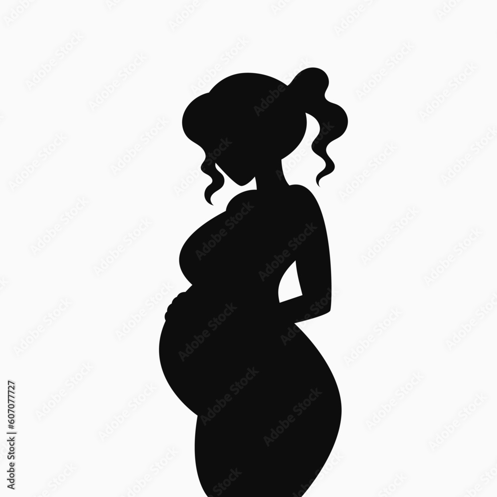 Pregnant woman silhouette. Black and white logo. Vector illustration