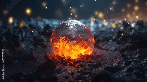 ball of ice and fire with black deep ground and stars