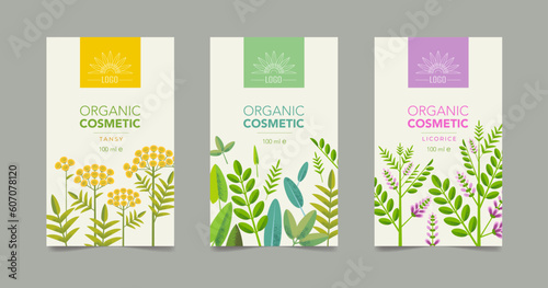 Organic Collection, Eco Shop, Natural Cosmetic Store with Premium Quality Cards or Posters Set. Selling Products Advertisement. Natural Design with Leaves in Different Colors. Herbs.