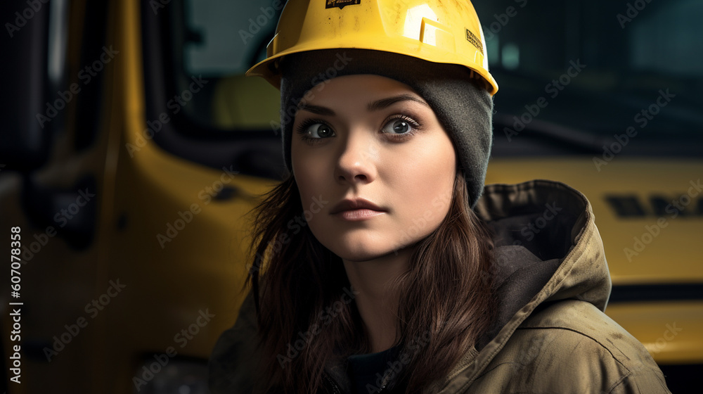 young adult woman is a truck driver driving a truck on a road, job occupation working, transportation young adult woman is a truck driver driving a truck on a road, job occupation working, transportation
